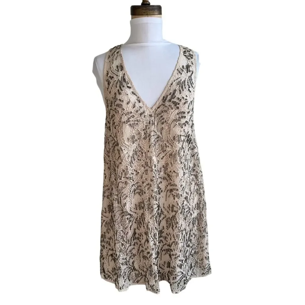 Free People Shine On Mini Dress Beaded Lace Sleeveless Beige Blush Women's Small